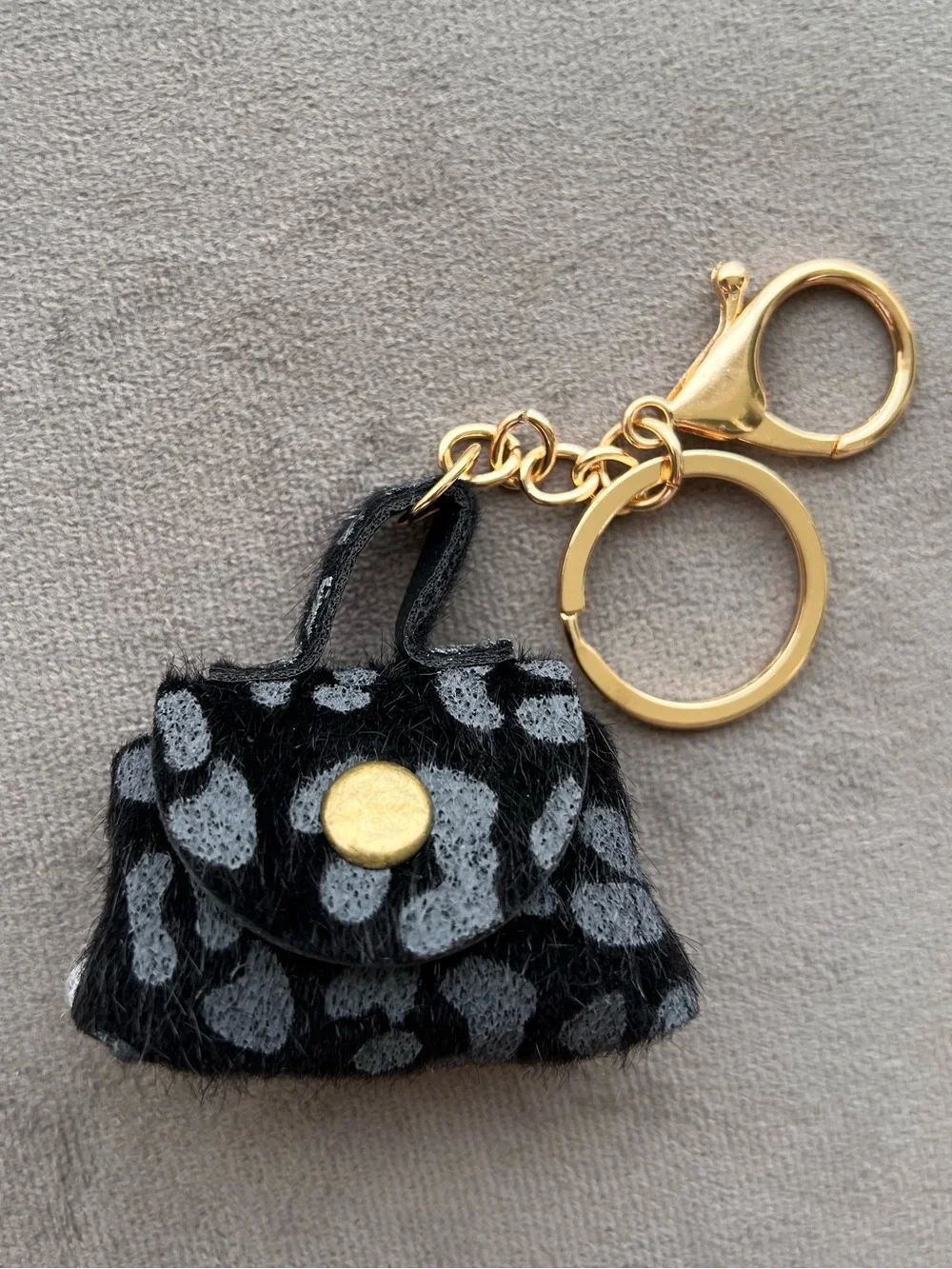 Gold Hardware Black & Gray Leopard Fur Mini Purse Keychain
